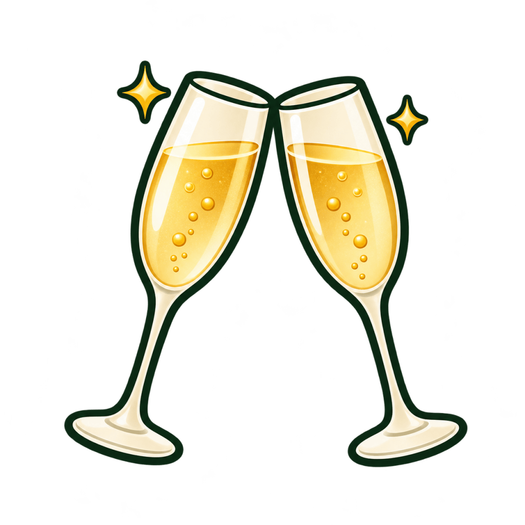 Dois copos de champanhe se brindando com bolhas e estrelas brilhantes ao redor.