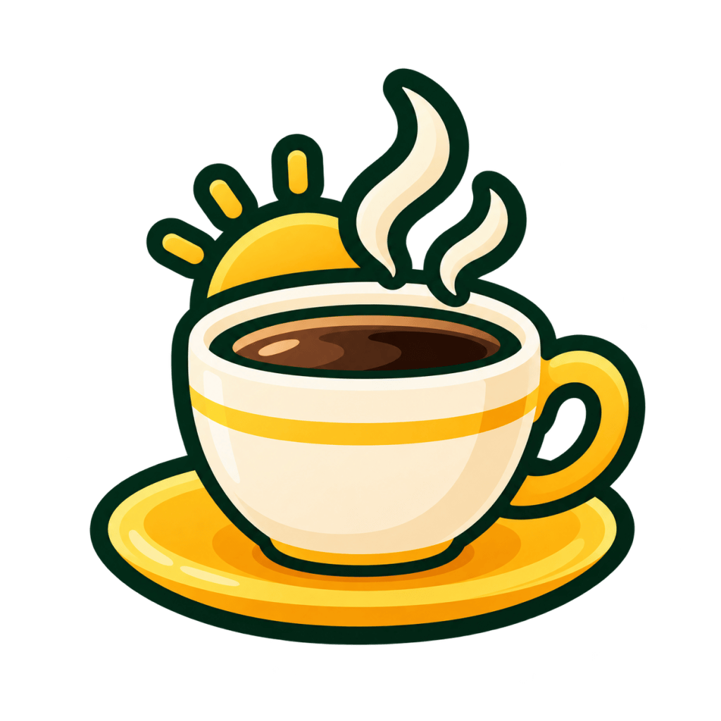 Xícara de café fumegante com pires amarelo e um sol ao fundo.