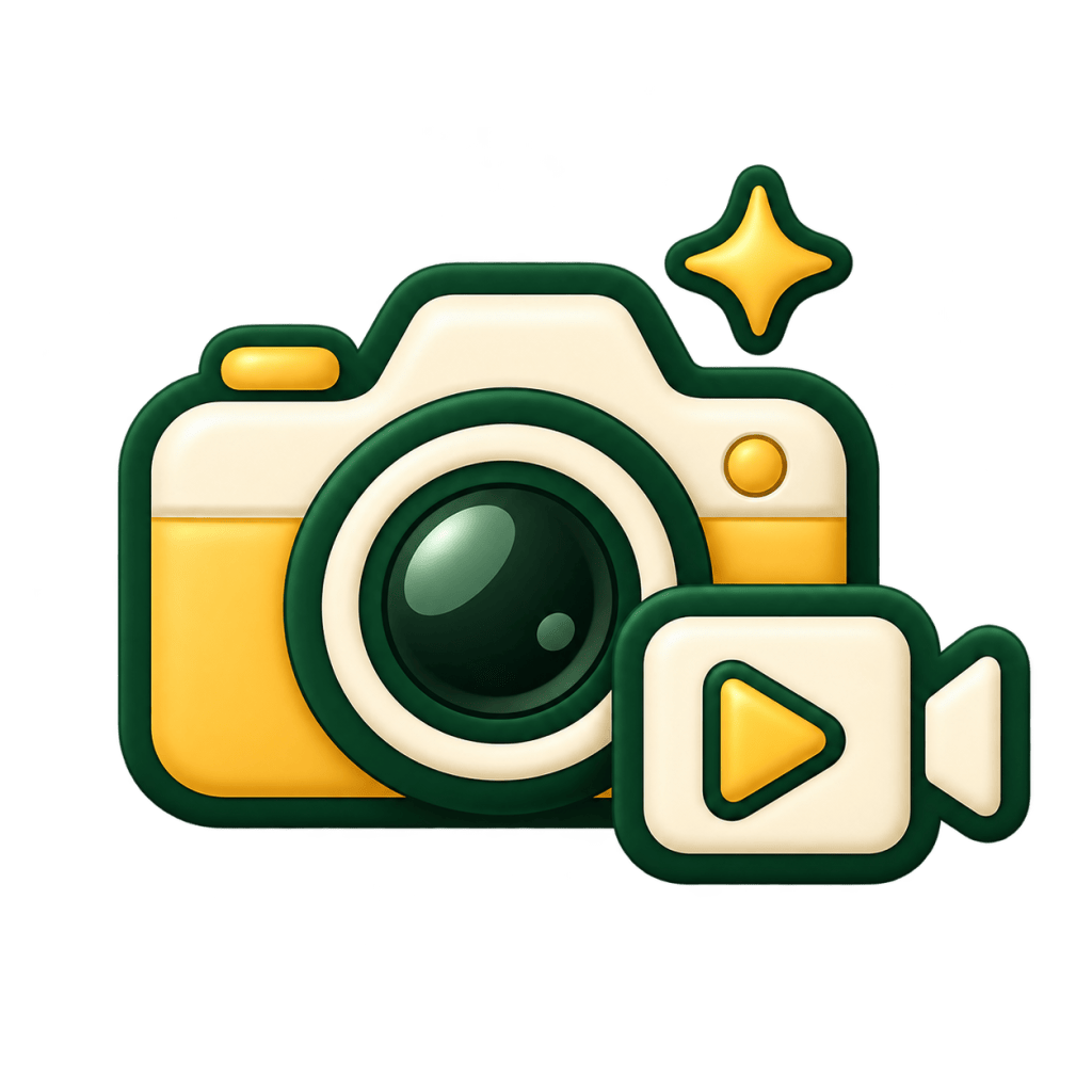 Ícone de câmera fotográfica estilizada em amarelo e verde, com um símbolo de vídeo ao lado.