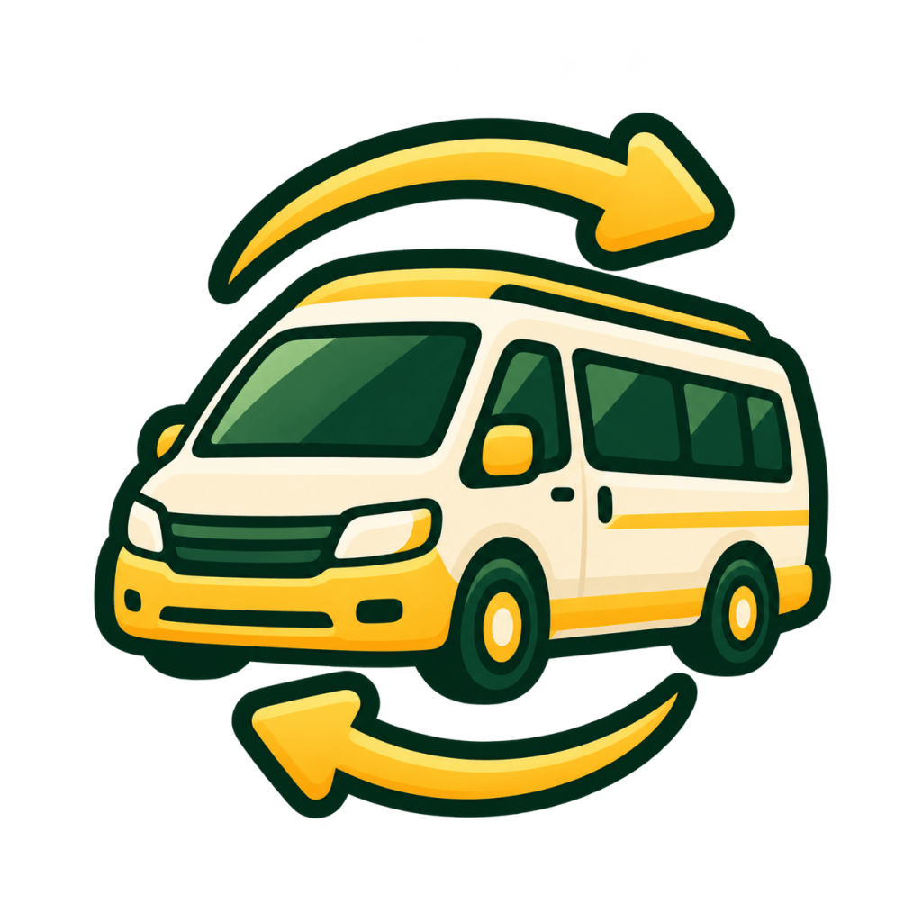 Uma ilustração de uma van nas cores amarelo e branca com setas circulares ao redor, simbolizando movimento ou transporte.